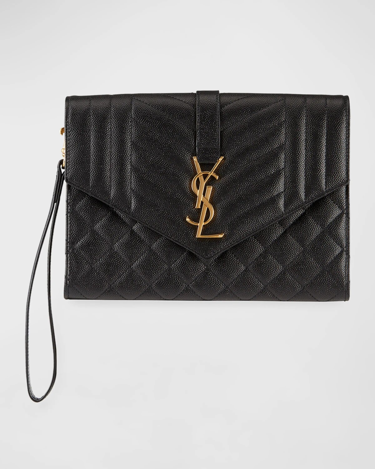 

Сумка-клатч YSL с клапаном-конвертом из зерненой кожи Saint Laurent, цвет Nero