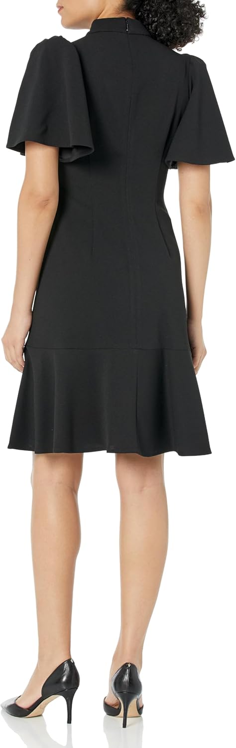 Женское платье Calvin Klein из крепа Scuba с оборками на рукавах и высоким воротом, Black — фото 2