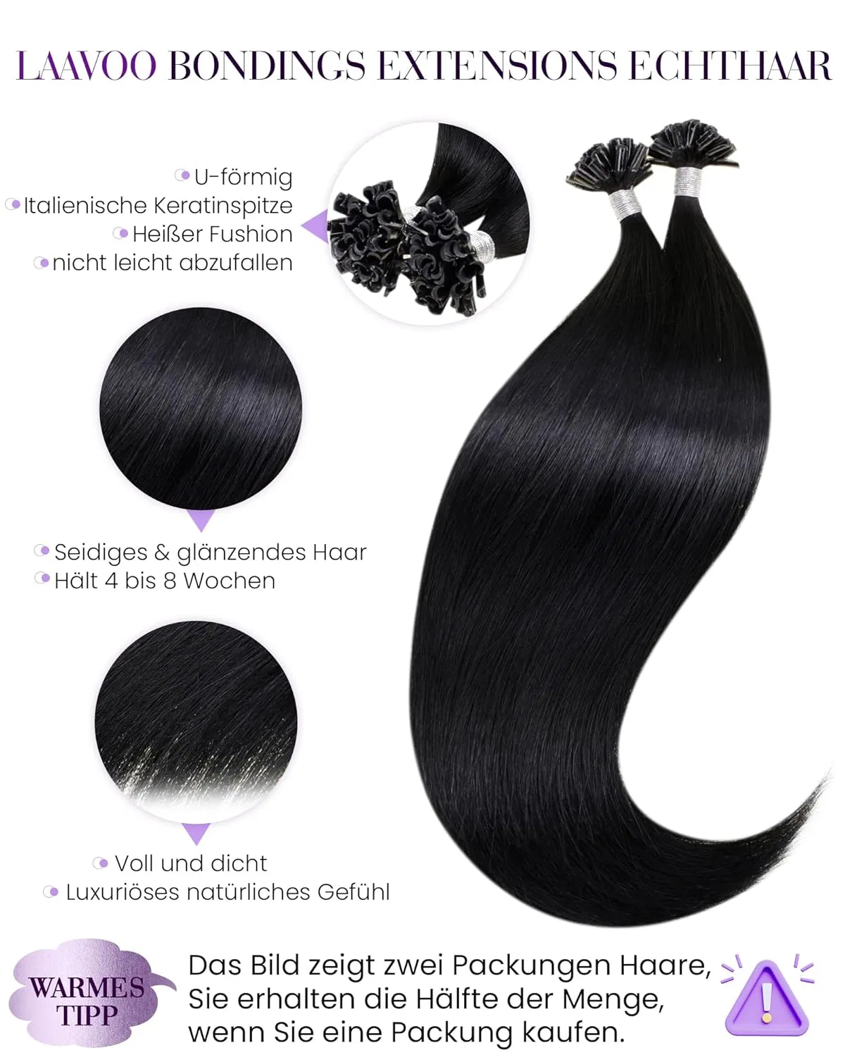 Наращивание волос кератиновыми капсулами «Bondings Extensions Real Hair» 60 см, черные, 50 г от Laavoo Laavoo — фото 2