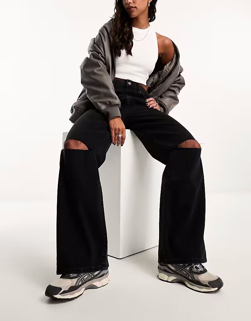 

Джинсы-папы с широкими штанинами и разрывами, черные, выбеленные Asos Design