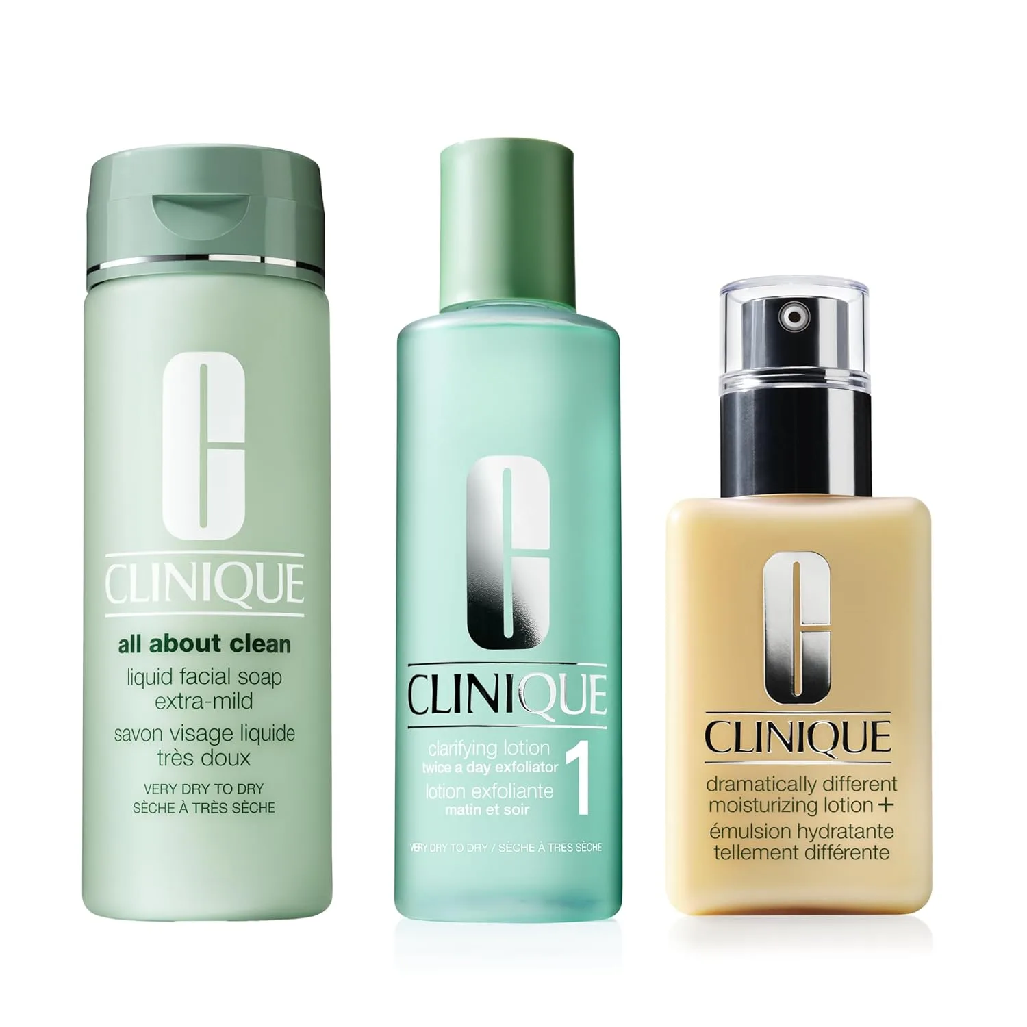 Набор Clinique 3-Step All About Clean: жидкое мыло для лица, очищающий лосьон-эксфолиант для лица и лосьон Dramatically Different Lotion+ для очень сухой кожи (полноразмерный набор)., Clear/Off White