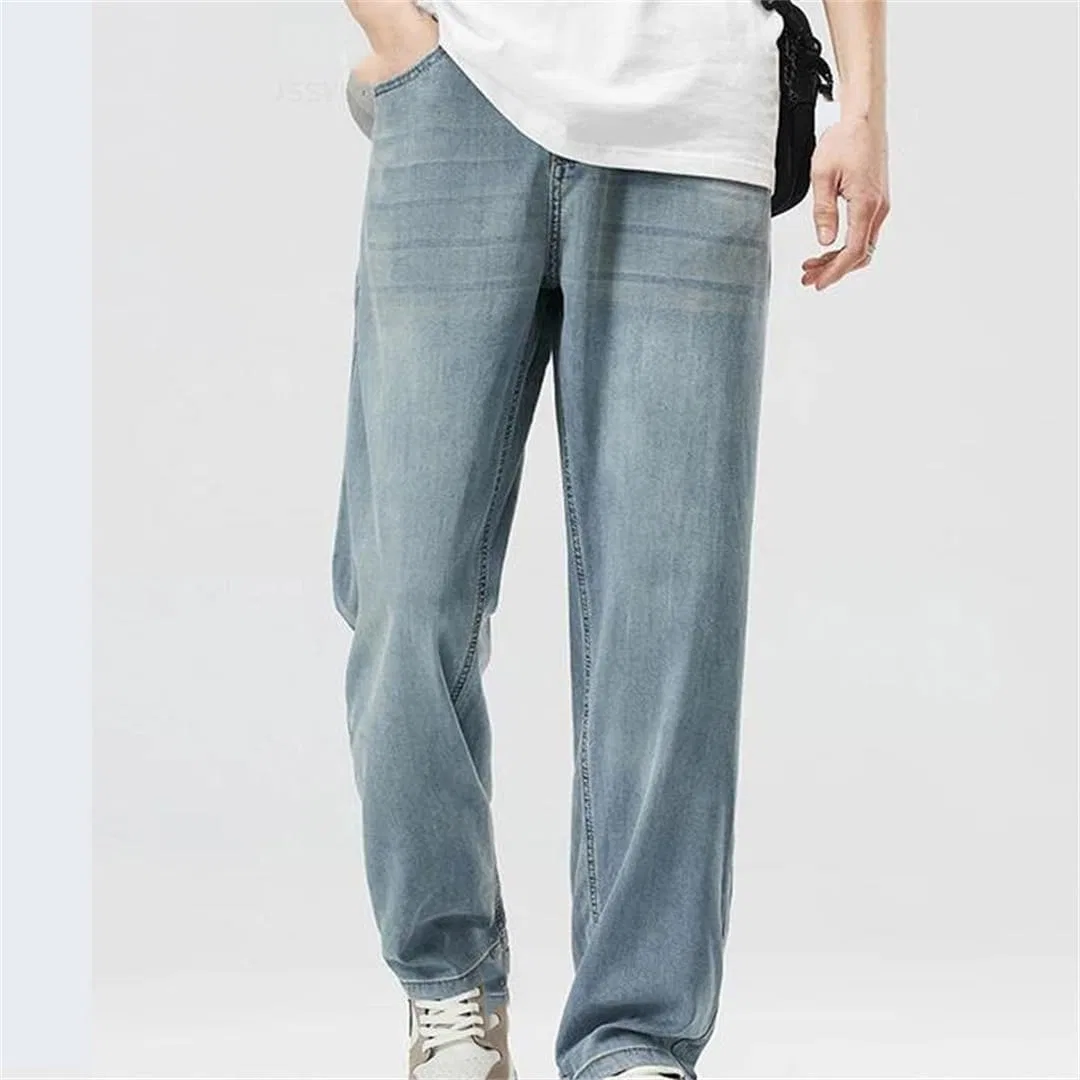 Джинсы прямые свободные Men's Summer Thin Denim Jeans Loose Straight Fit Wide Leg Casual Trousers for Work Plus Size, серый — фото 2