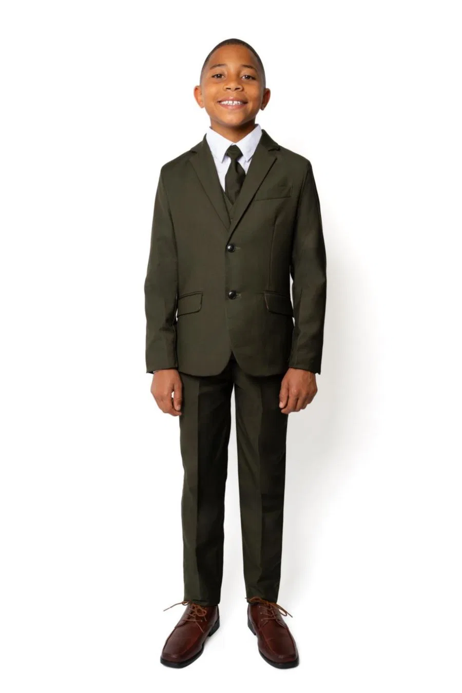Костюм 007 Slim Fit для маленьких и больших мальчиков, состоящий из 5 предметов: рубашка, галстук, пиджак, жилет и брюки Peanut Butter Collection, оливковый