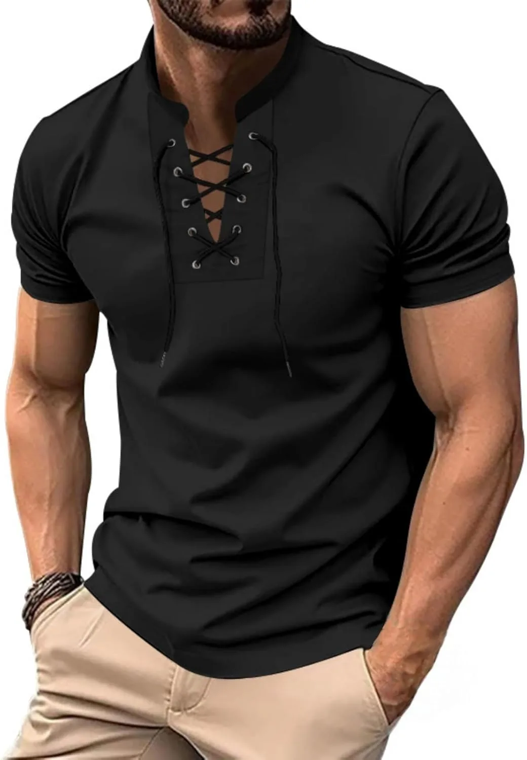 

Мужская футболка с V-образным вырезом и шнуровкой, легкая, с коротким рукавом RSZGSWS