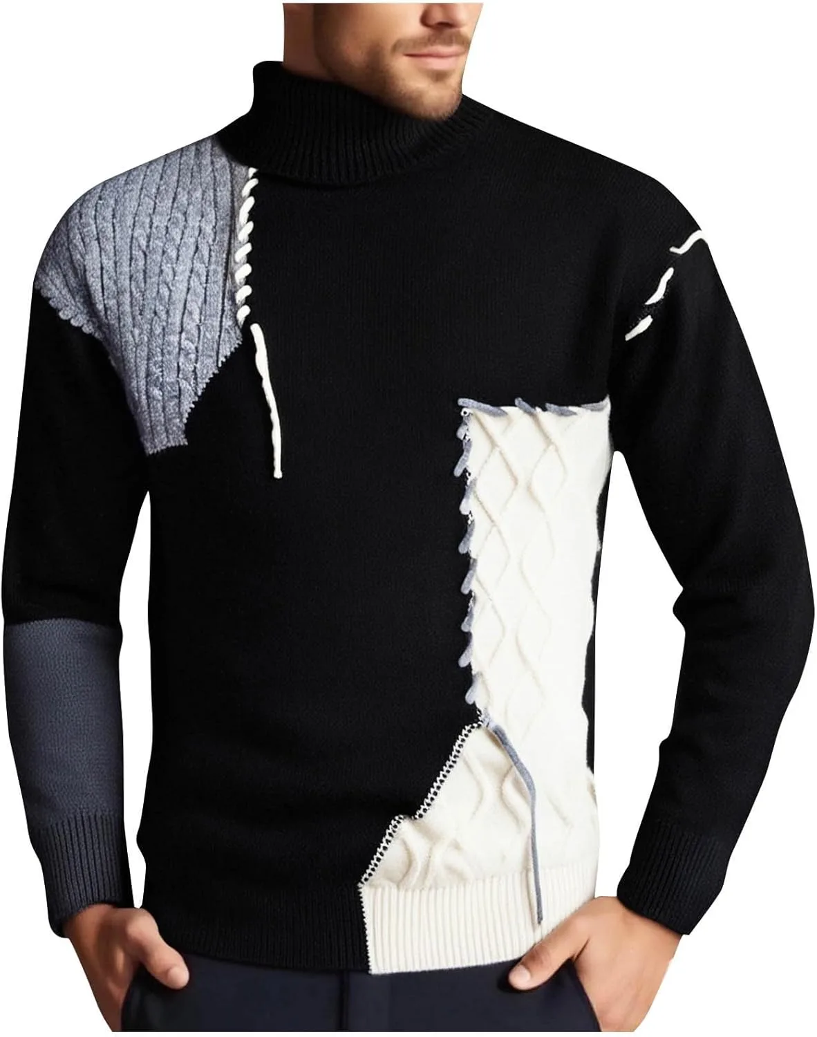 

Мужской водолазный свитер Slim Fit легкий с узором кос и контрастными блоками
