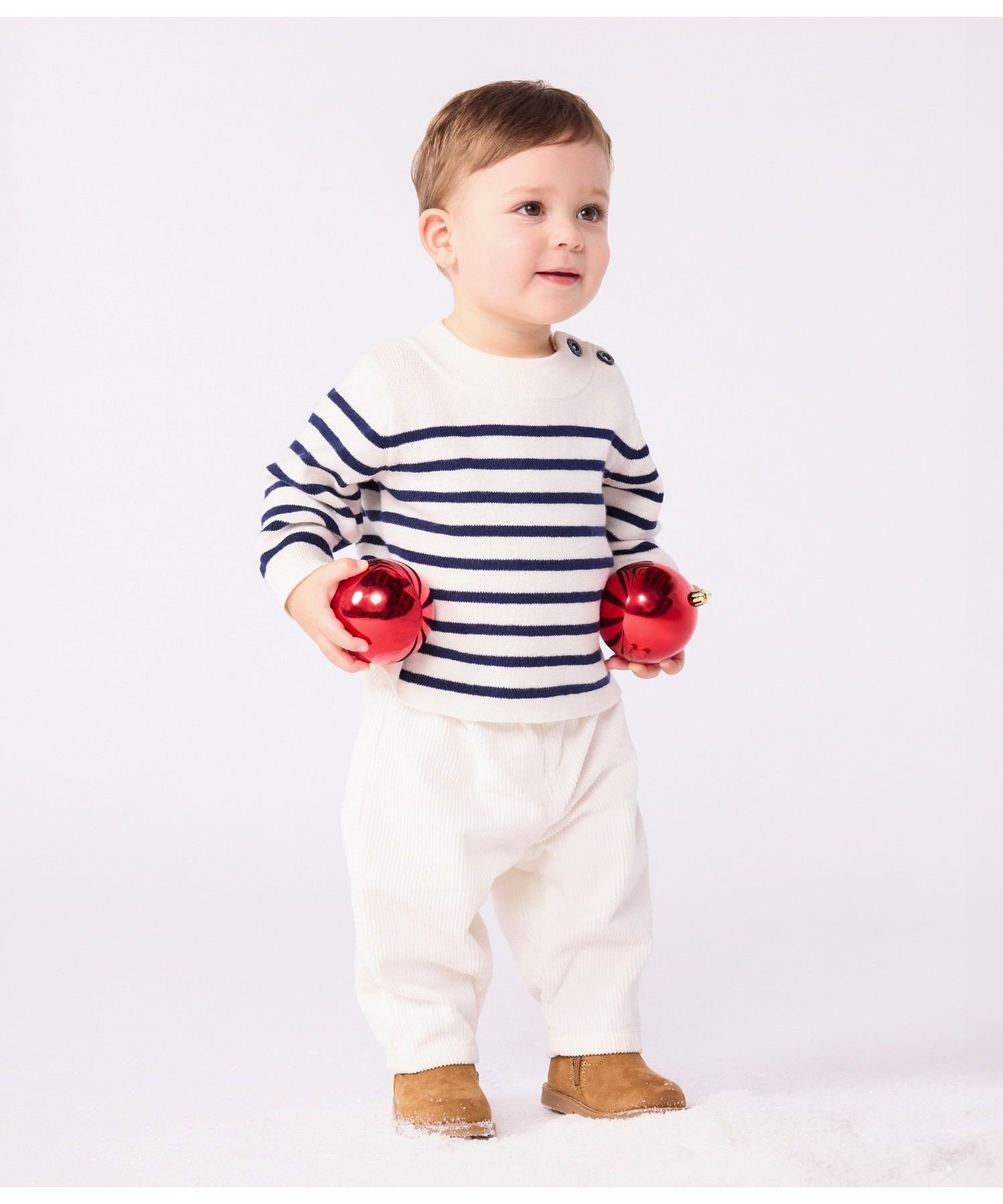 Вязаный пуловер с пуговицами на плечах PETIT BATEAU, Off-white/blue