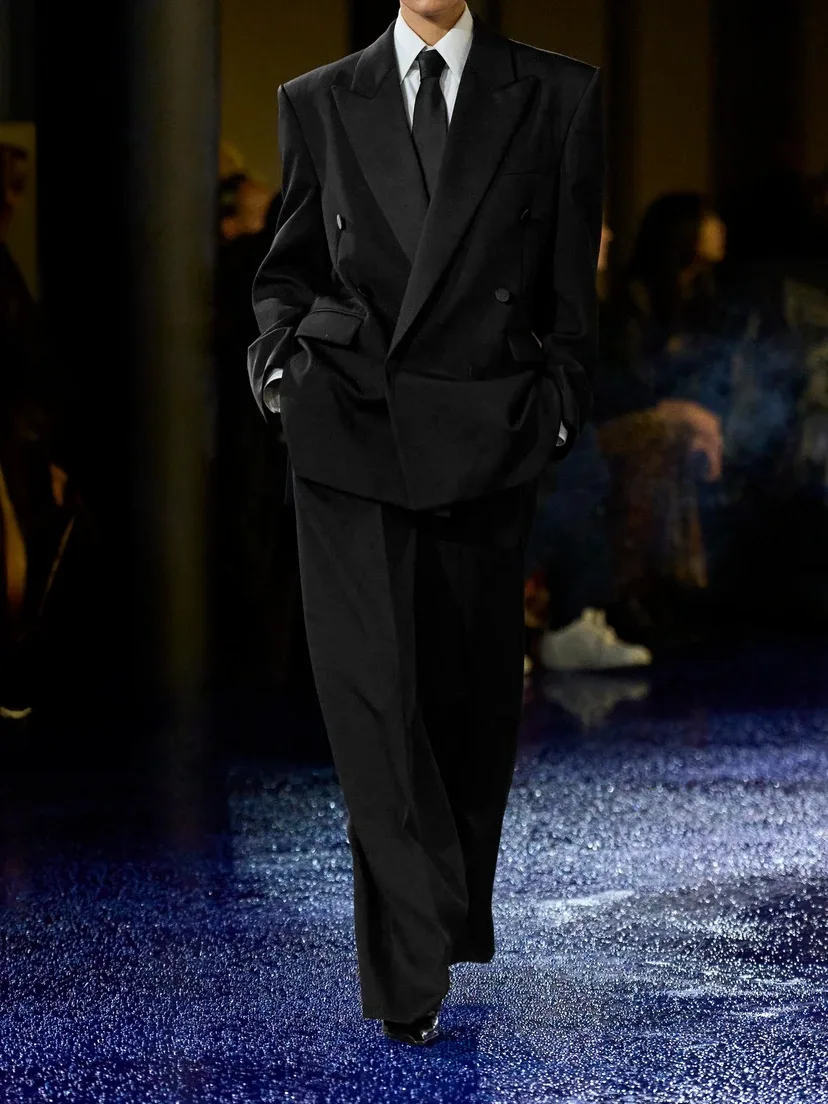 Двубортный шерстяной пиджак с атласной отделкой SAINT LAURENT, черный — фото 4