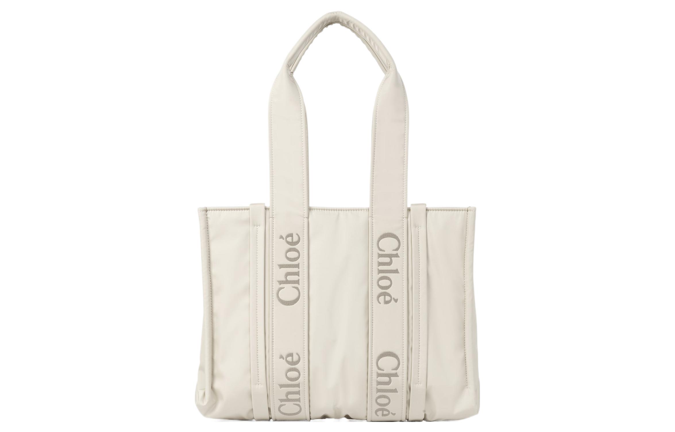 

Chloé Chloe Woody Recycled Nylon Tote Bag, Shopping Bag, Shoulder Bag, Handbag Medium Size Women's Ivory Gray