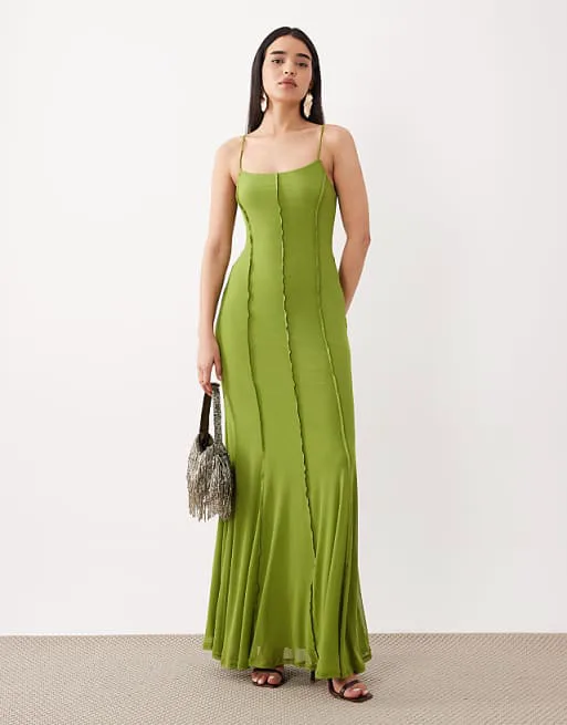 

Зеленое платье макси с сетчатыми швами и швами ASOS DESIGN