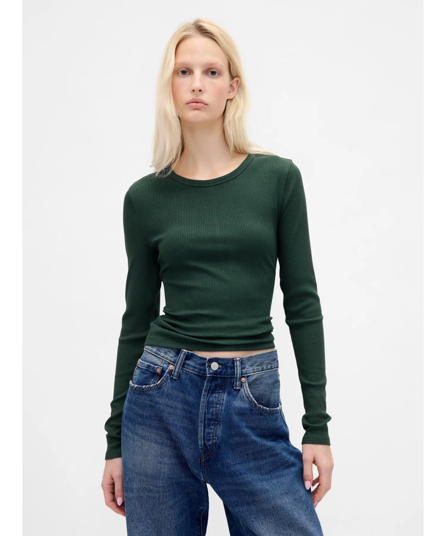 Женская футболка GAP Modern Rib с длинным рукавом, укороченная, зелёная