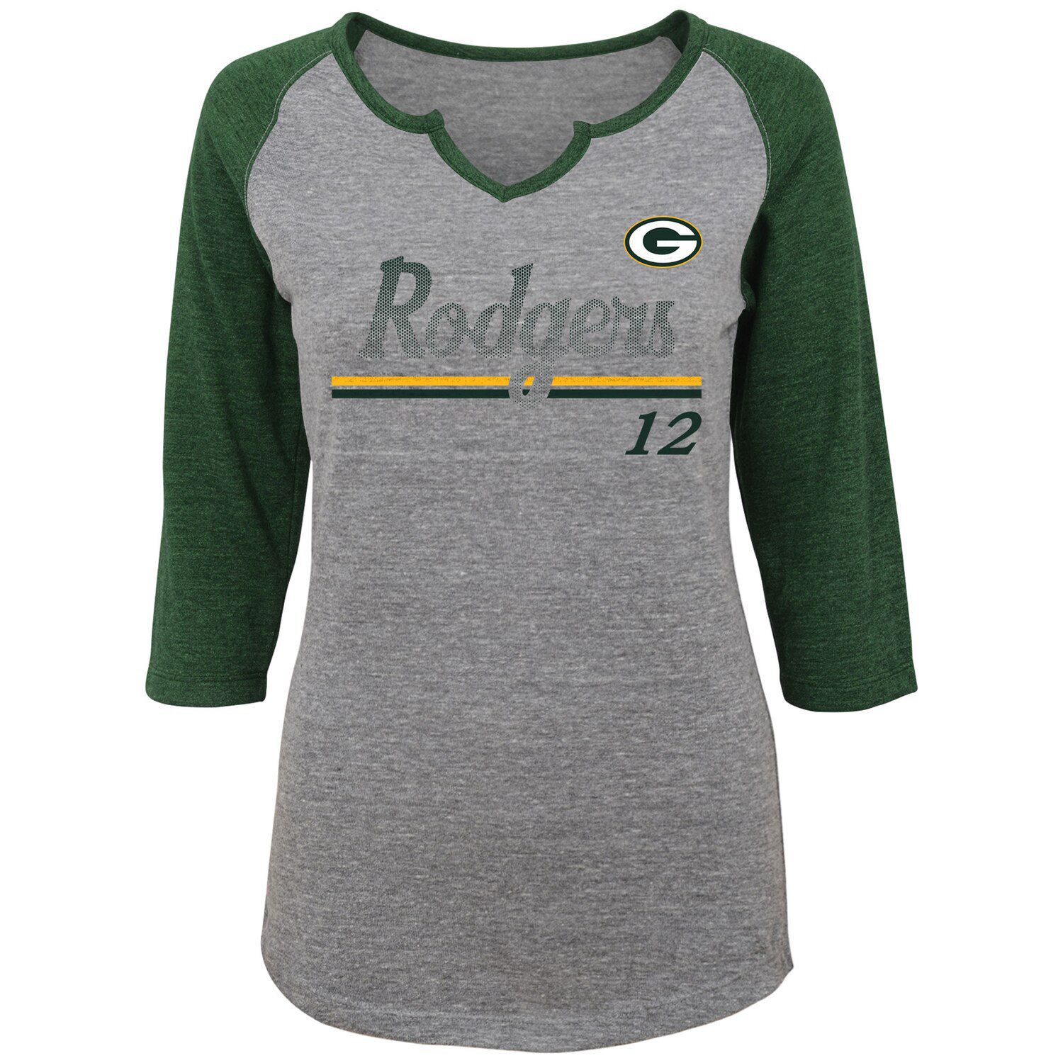 

Женская юниорская футболка Aaron Rodgers Heathered Grey/Green Green Bay Packers Over the Line Имя и номер игрока Футболка Tri-Blend с рукавами 3/4 и V-образным вырезом Outerstuff