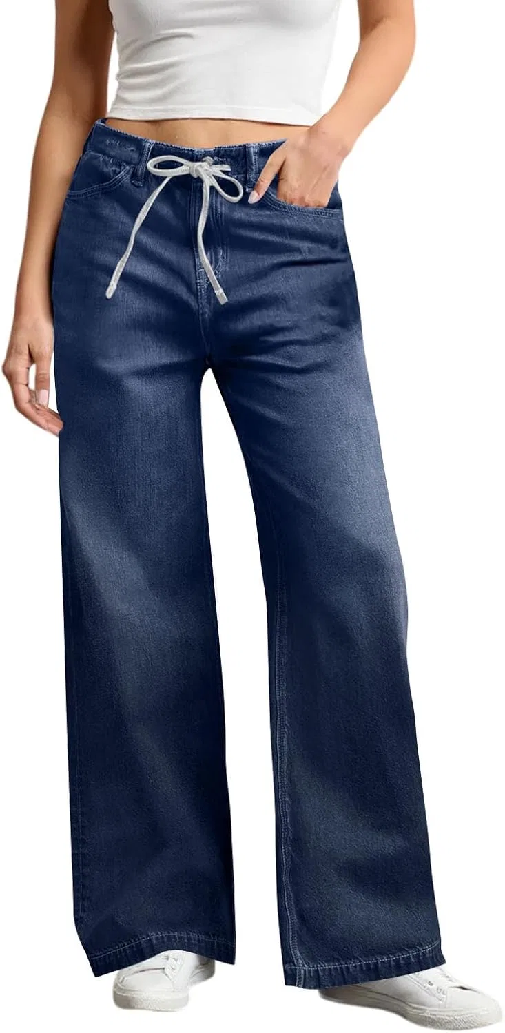Джинсы, свободные с высокой талией, A04 Dark Blue