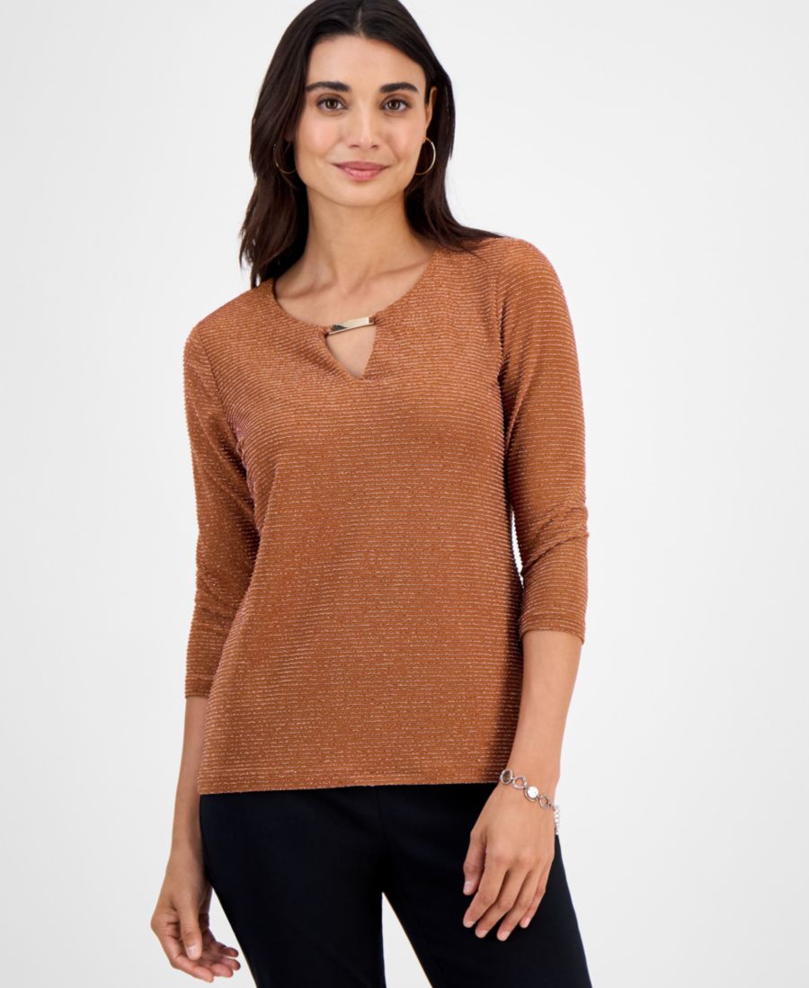

Топ Petite Shine Stripe Jacquard Keyhole Top, эксклюзивно представлен в Macy's JM Collection, Burnt Amber Combo