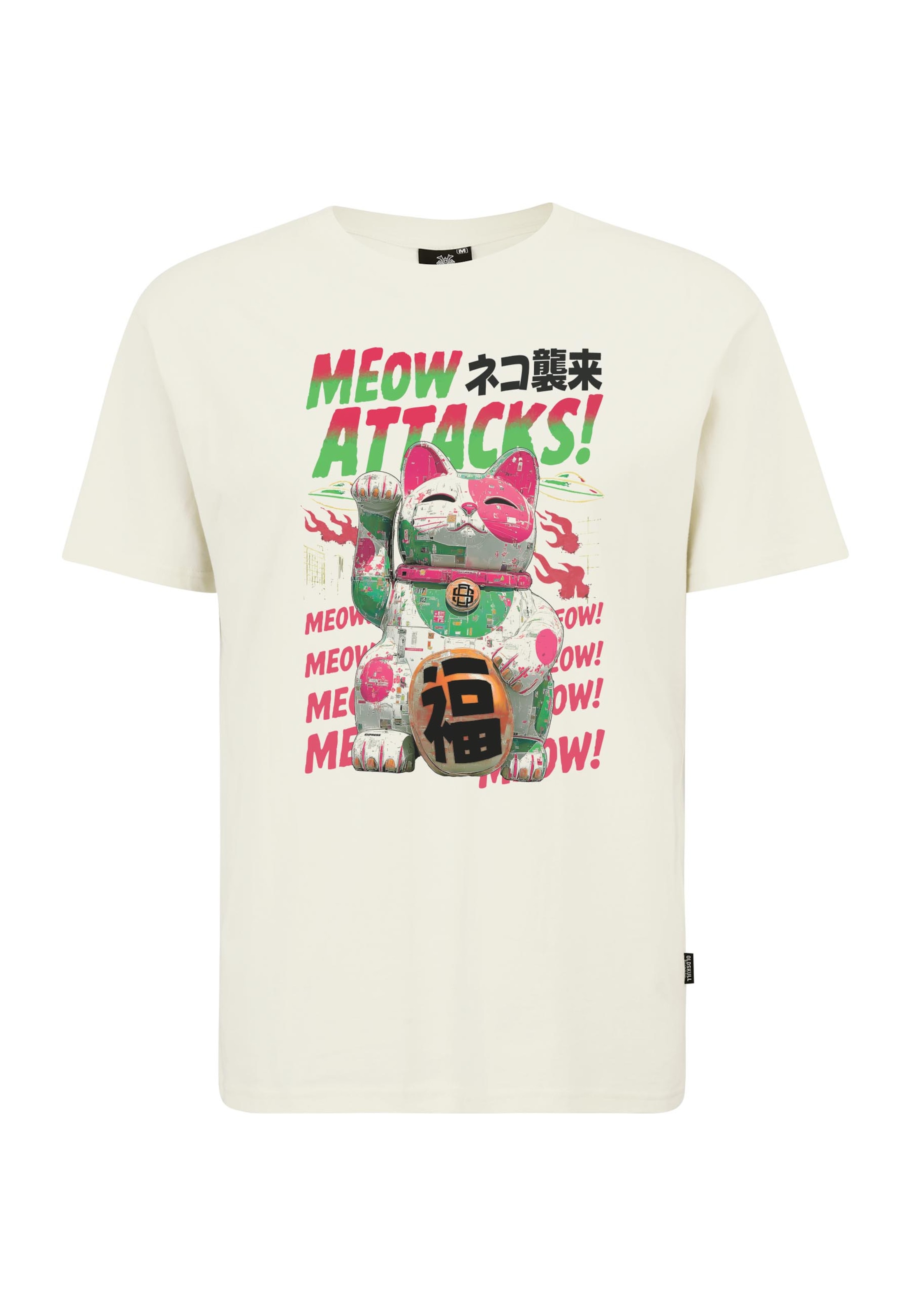 

Oldskull Футболка 'Asian Lucky Cat Attack Graphic' в цвете Off White