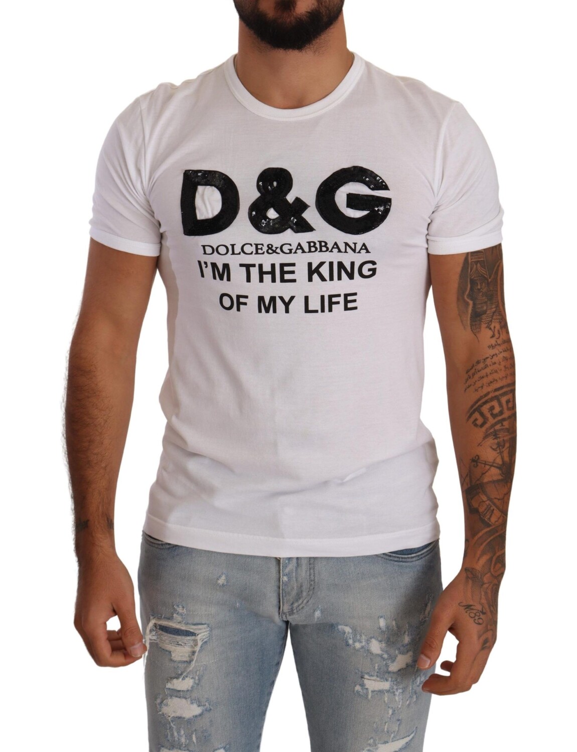 

Элегантная белая футболка с круглым вырезом, расшитая пайетками Dolce & Gabbana