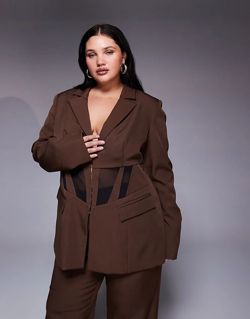 

Блейзер ASOS LUXE Curve Co-ord с приталенной талией и контрастными вставками коричневого цвета