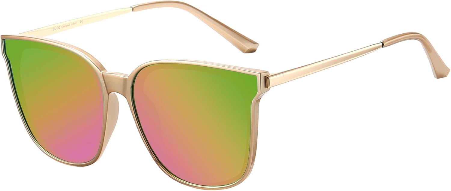 

Женские солнцезащитные очки DUCO Oversized Polarized Sunglasses Trendy Mirrored Shades Retro Round Vintage Light Weight UV400 Sun Glasses W016, 09- Gold Frame Green Colorful Lens