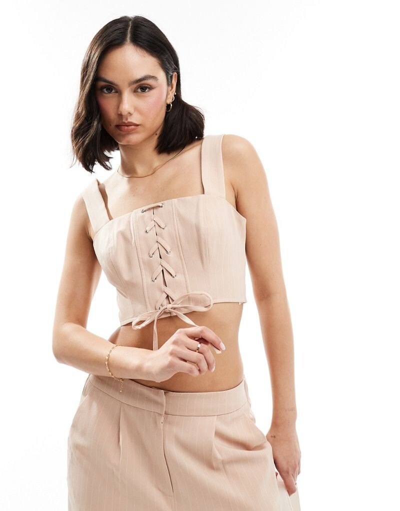 

Корсетный укороченный топ на шнуровке в розовую полоску Miss Selfridge — часть комплекта