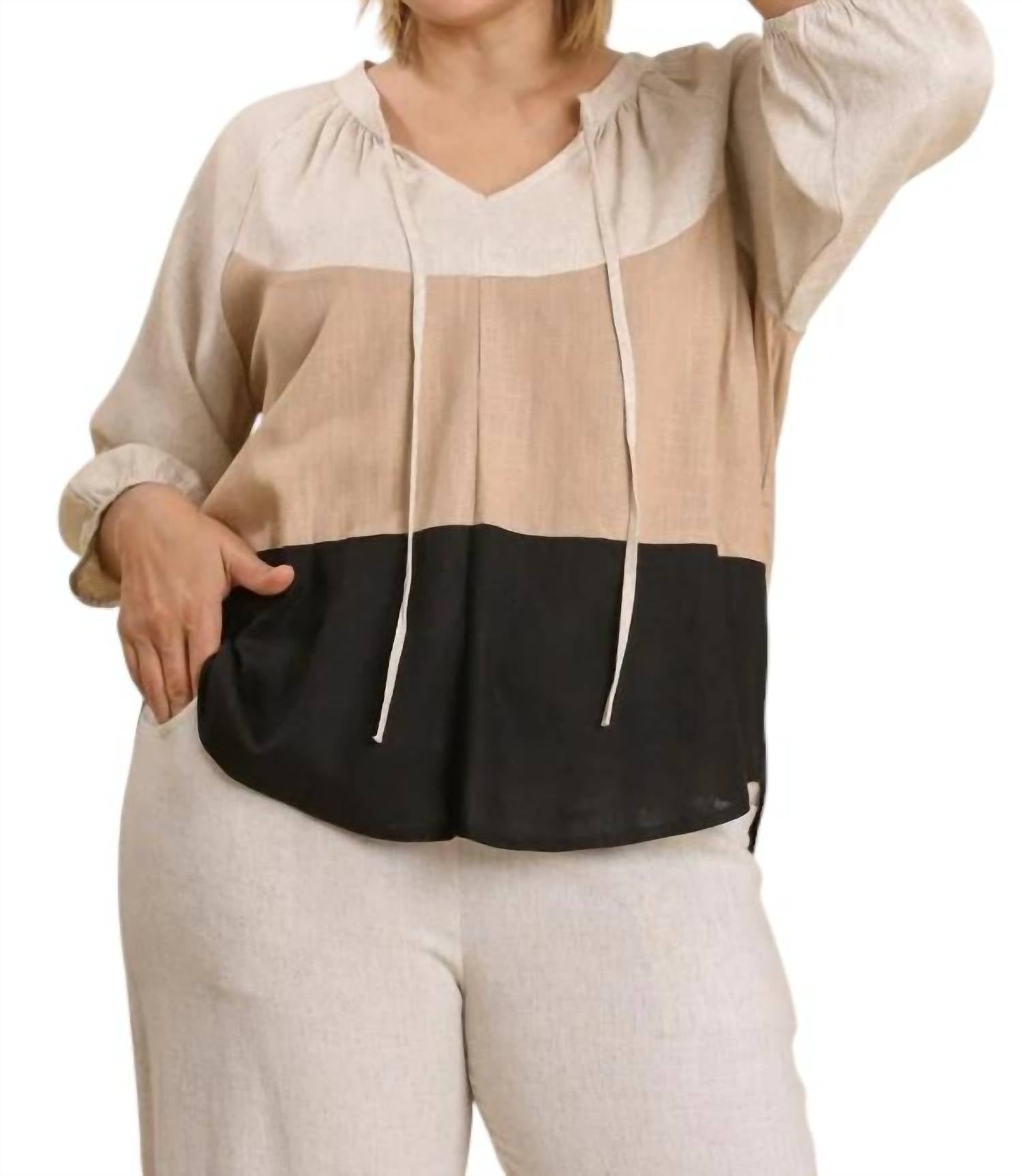 

Umgee Топ с рукавами-баллонами в стиле колор-блок, цвет латте-мультицвет