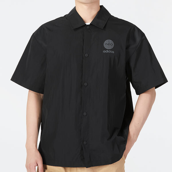 Рубашка adidas neo Solid Color Alphabet Logo Printing Athleisure Casual Sports lapel Short Sleeve Shirt Black, черный — фото 3