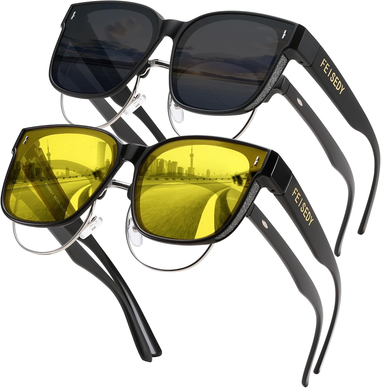 

Солнцезащитные очки FEISEDY, поляризованные, UV400, надеваемые поверх очков, увеличенные, блестящие, женские, артикул B0269, Z2pack (Black Frame & Yellow Lens + Matte Black Frame & Grey Lens)