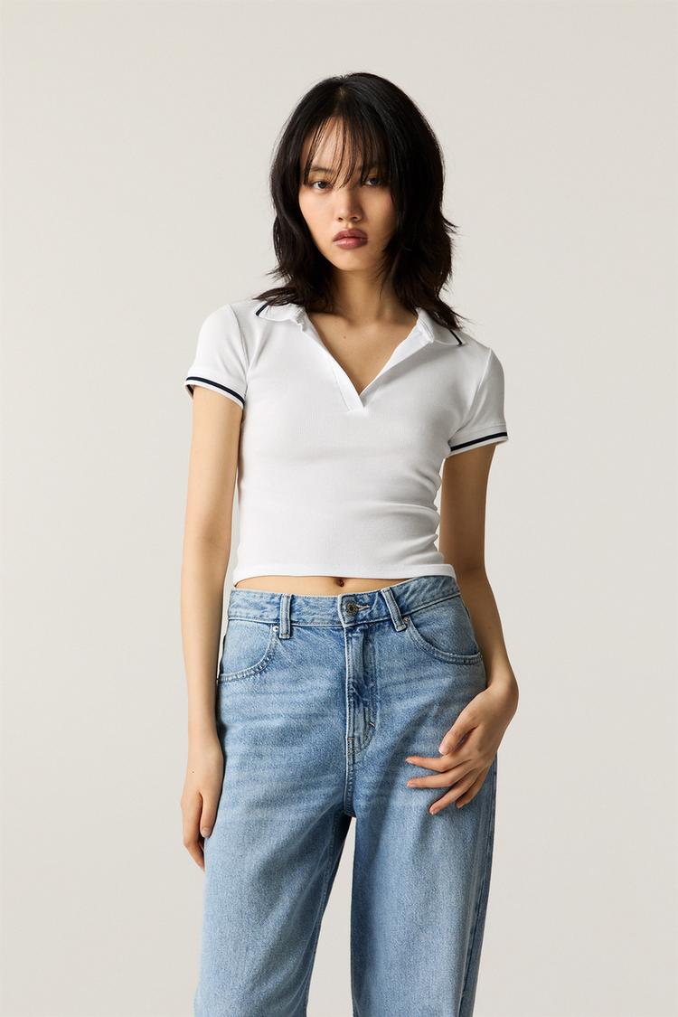 

Укороченная рубашка поло с коротким рукавом Pull And Bear, белый