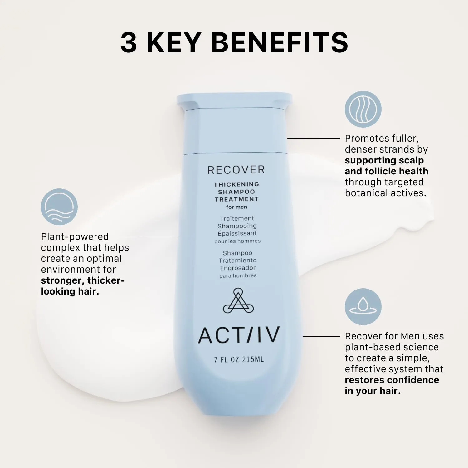 ACTIIV Recover Thickening Shampoo Treatment For Men для более густых и здоровых волос, поддержка здоровья кожи головы, на растительной основе, для окрашенных волос, веган, для всех типов волос 207 мл (1 шт.) — фото 3