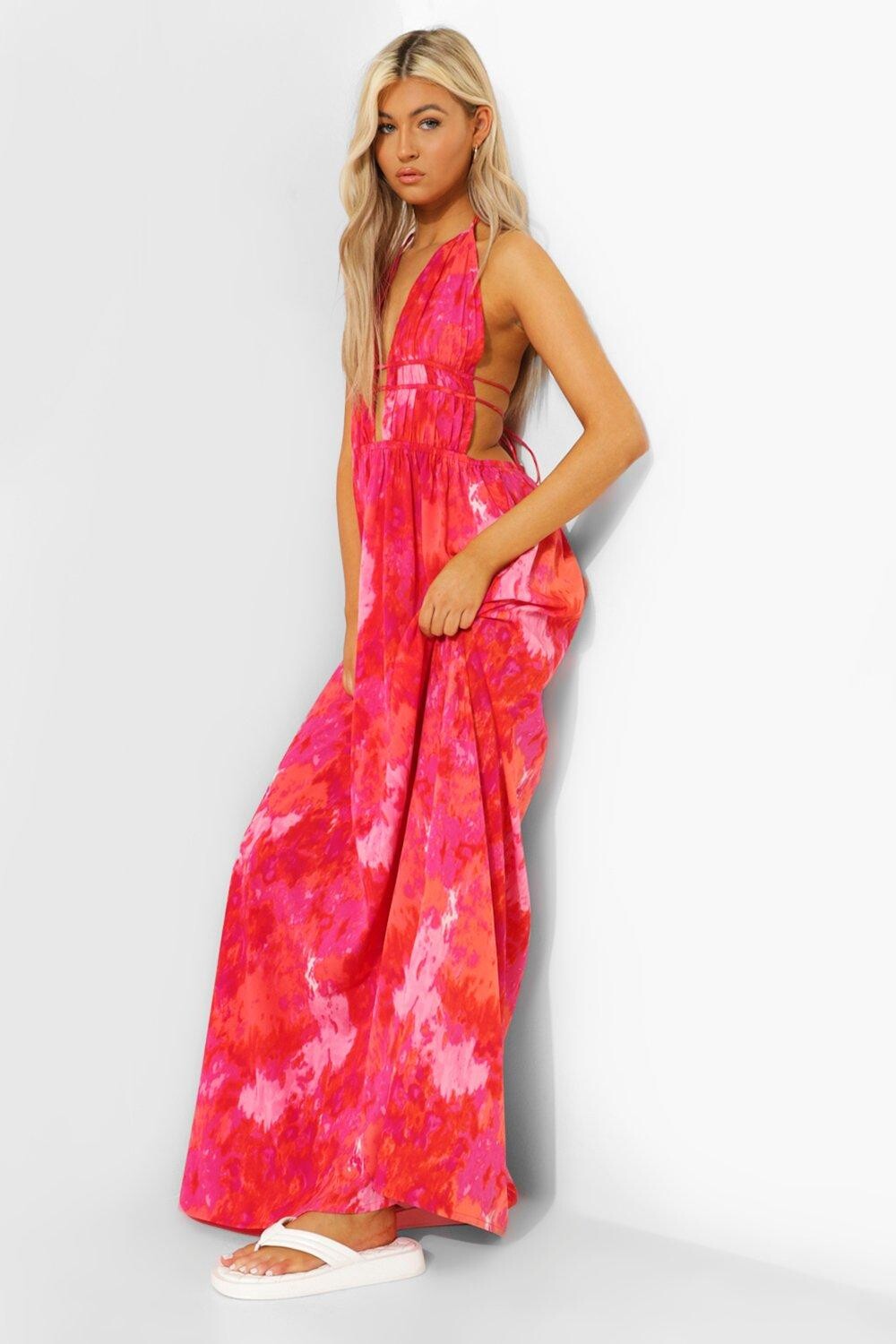 

Платье макси с глубоким вырезом спереди Tall Tie Dye boohoo, розовый