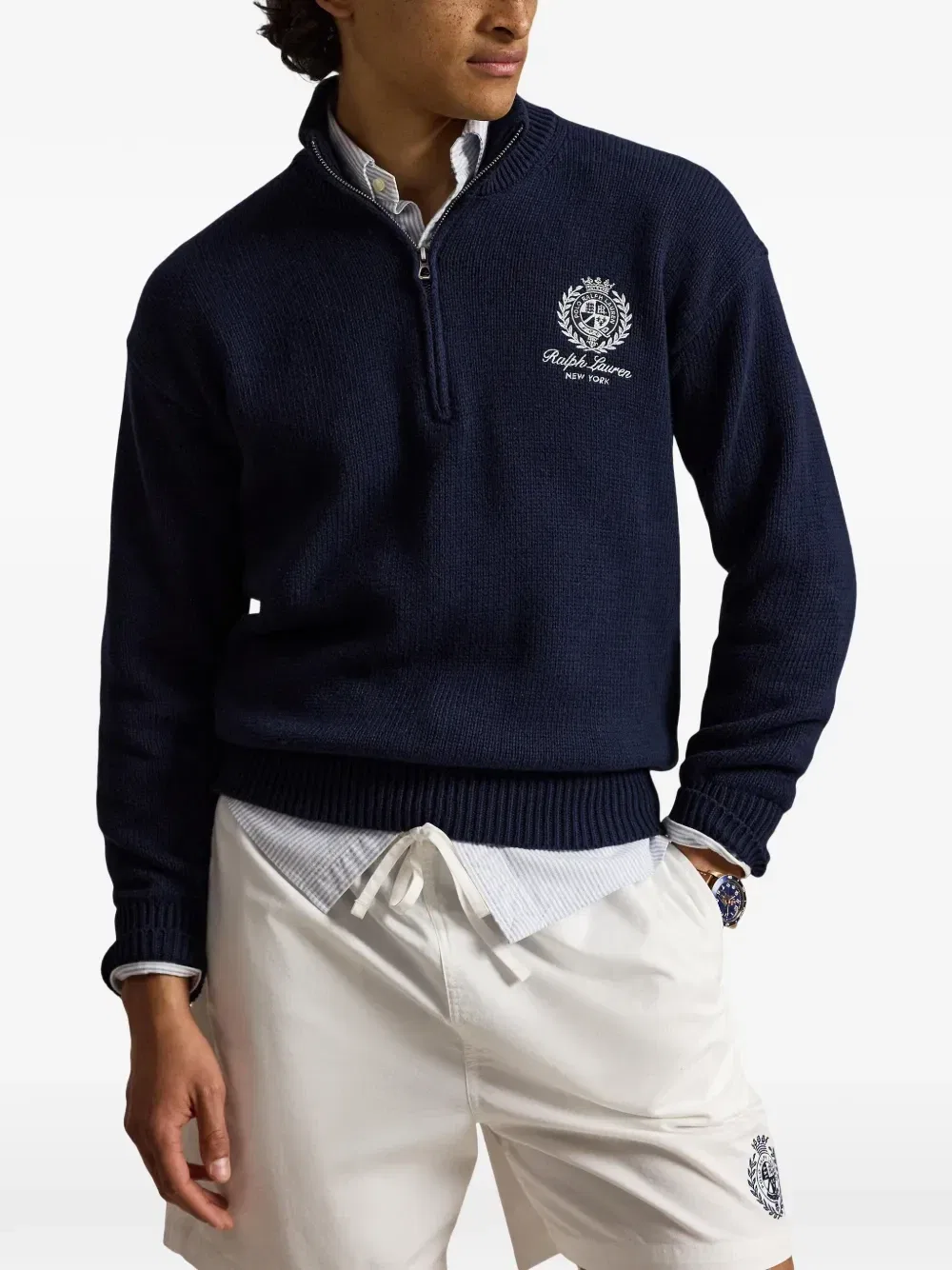 Свитер на молнии до середины груди с вышитым логотипом POLO RALPH LAUREN, синий — фото 3