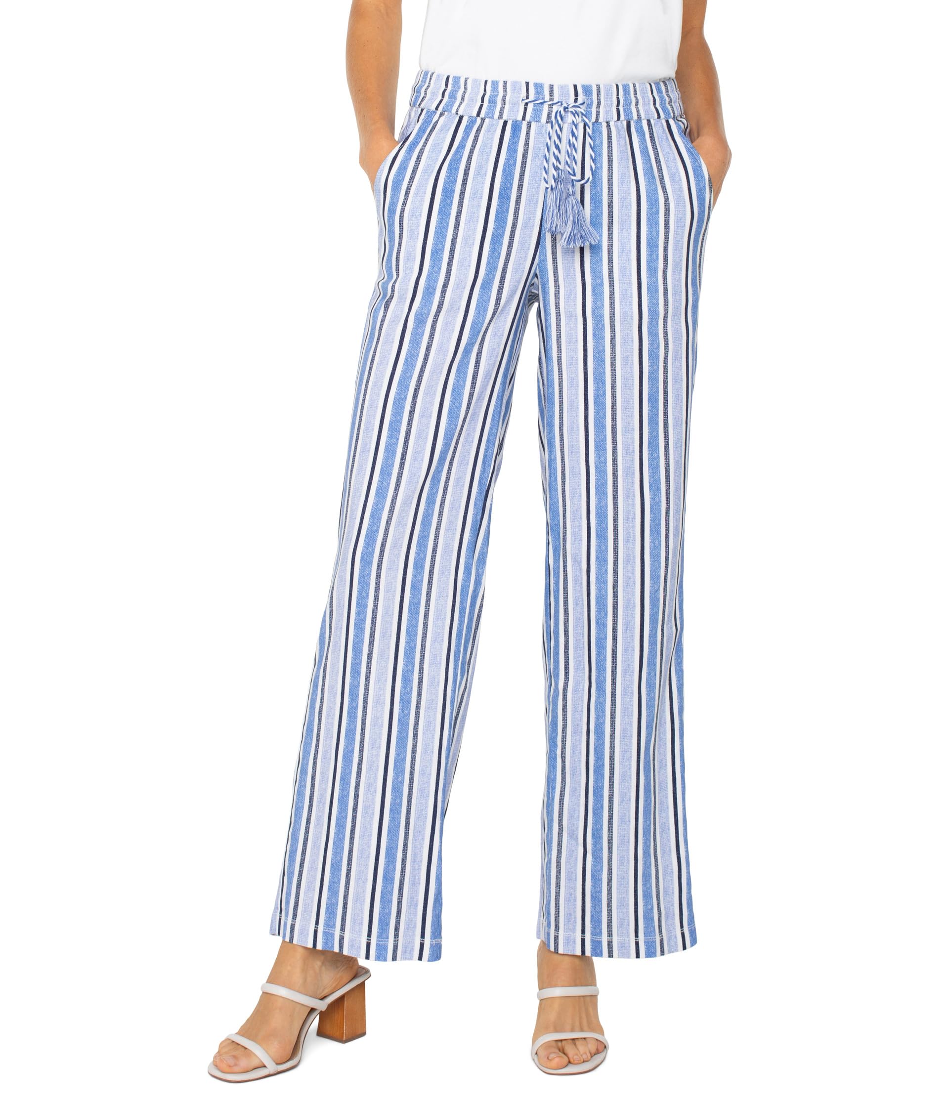 

Брюки Liverpool Los Angeles Pull-On Drawstring Waist Band Wide Leg, White Blue Multi Stripe