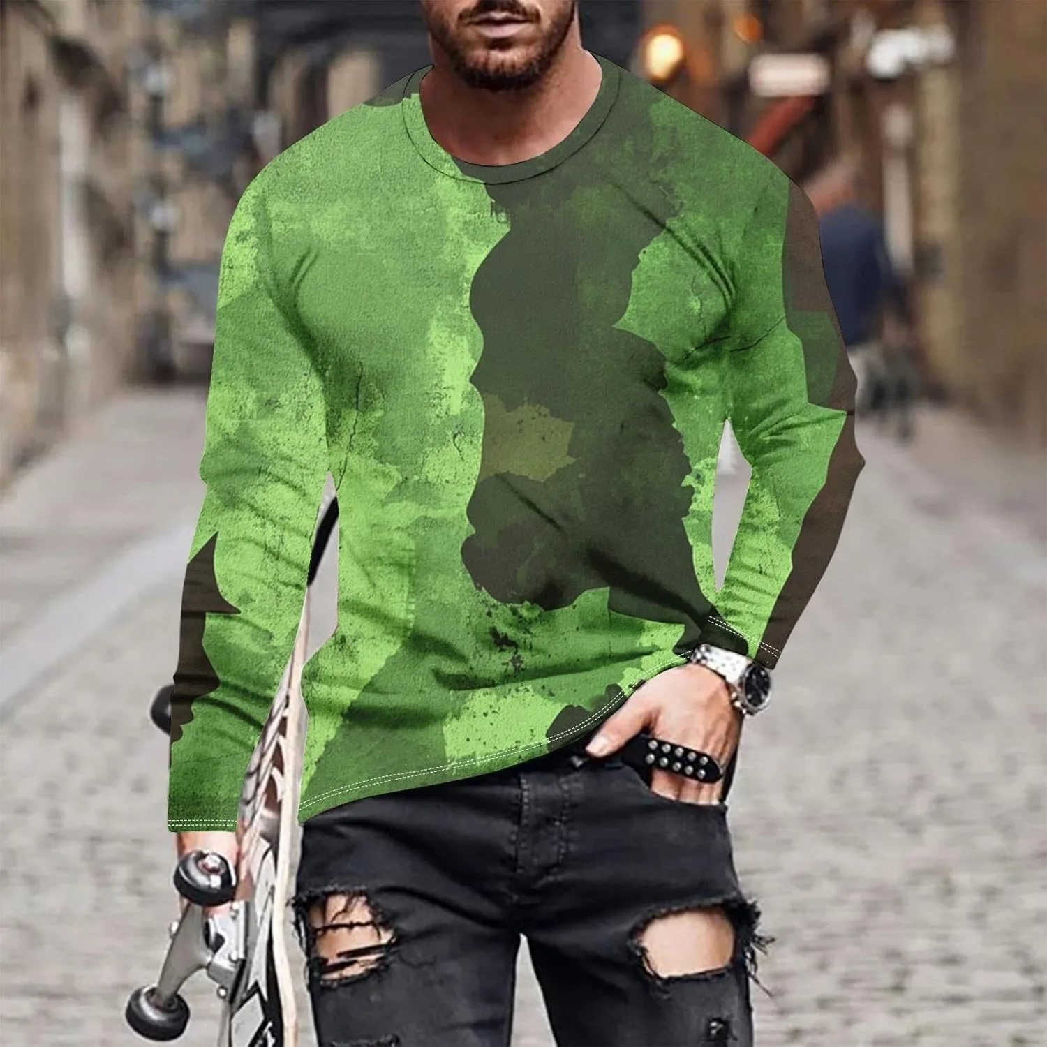 Мужская футболка с длинным рукавом Camouflage Print, Casual, Cotton, Loose Fit — фото 2