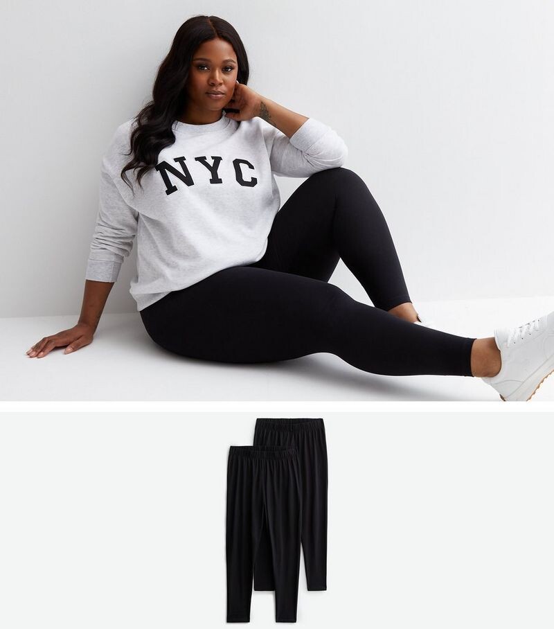 

Комплект из 2 черных трикотажных леггинсов Curves New Look, черный