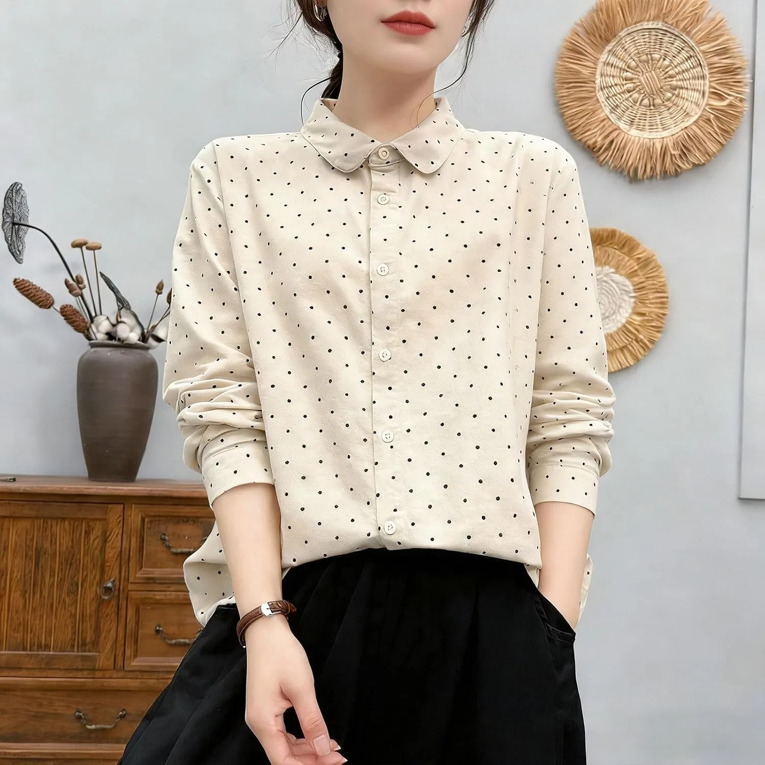 Блуза из шифона, с длинным рукавом Regular Collar, бежевый — фото 2