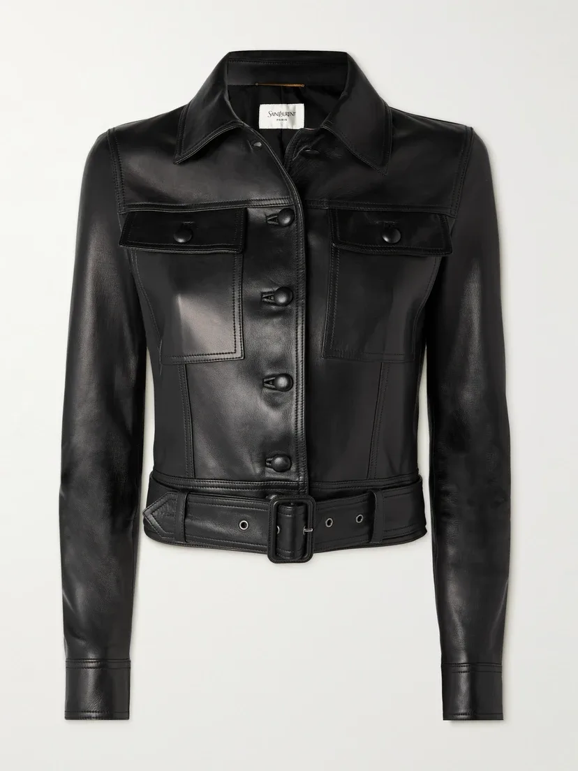 Кожаная байкерская куртка с поясом SAINT LAURENT, черный