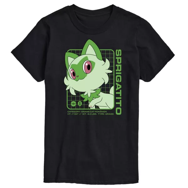 

Мужская футболка с принтом статистики покемона Sprigatito Licensed Character, черный