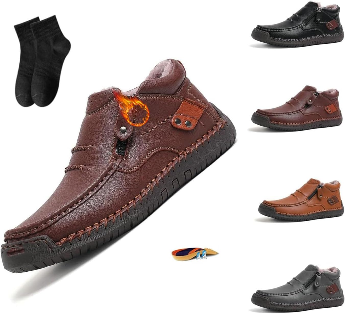 

Кожаные туфли, мужские ручной работы премиальные кожаные ботинки-слипоны для вождения - широкий носок, поддержка свода стопы, мужские ботинки, мужские ортопедические ботинки на боковой молнии для вождения Noworfewer, темно-коричневый