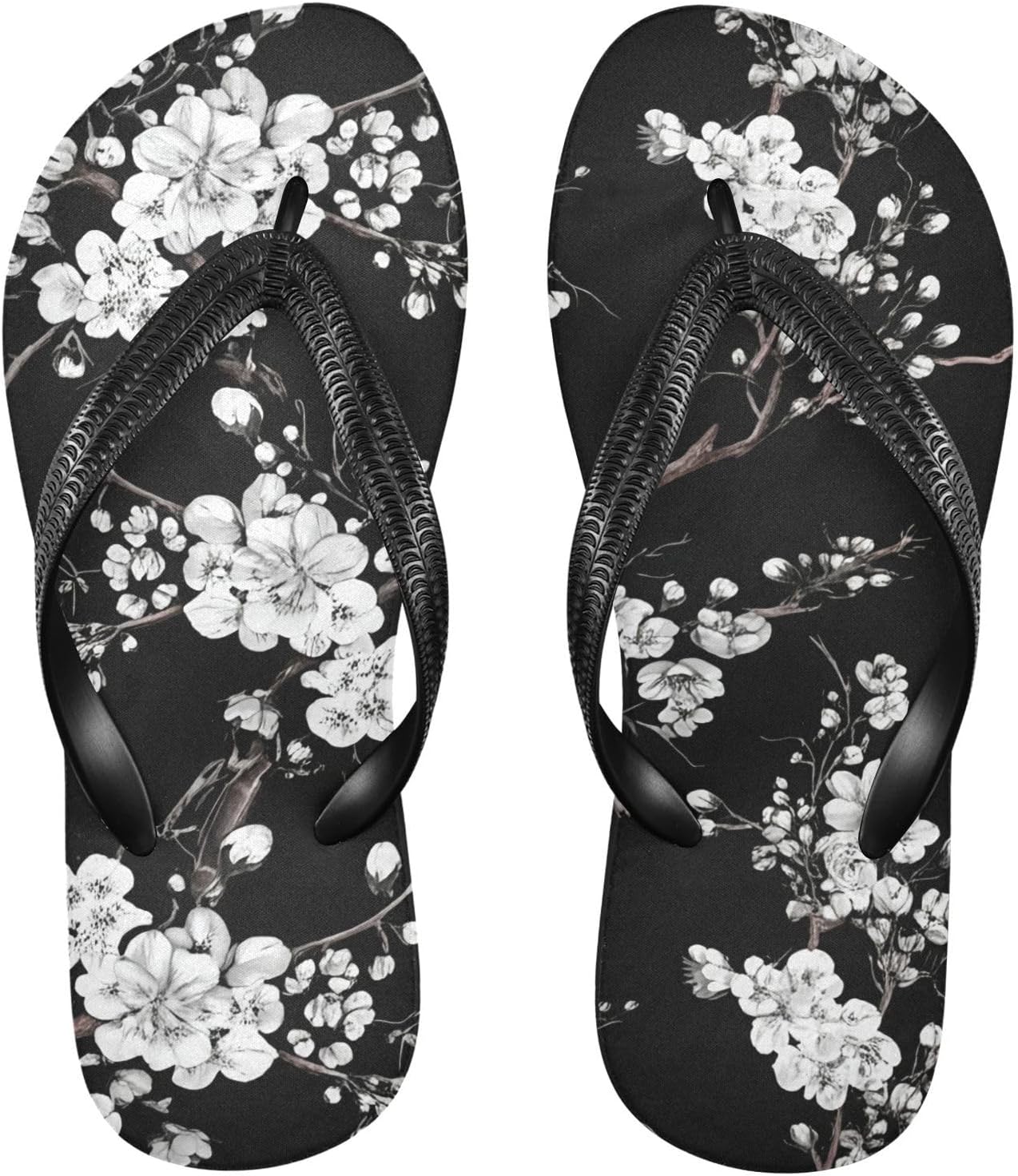 

Белые вишневые цветы Черные шлепанцы для пляжа с душем Вьетнамки Резиновые Нескользящие Летние тапочки Обувь для женщин и мужчин Sinestour