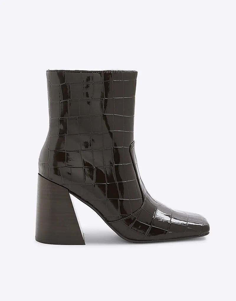 Ботинки River Island Croc с расклешенным каблуком, коричневого цвета с темным оттенком