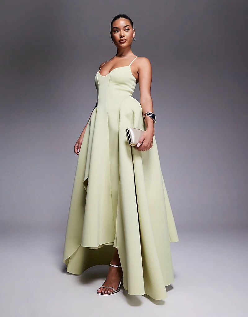 

Платье миди ASOS DESIGN с бретельками-ками, свободным подолом и асимметричными деталями фисташкового цвета
