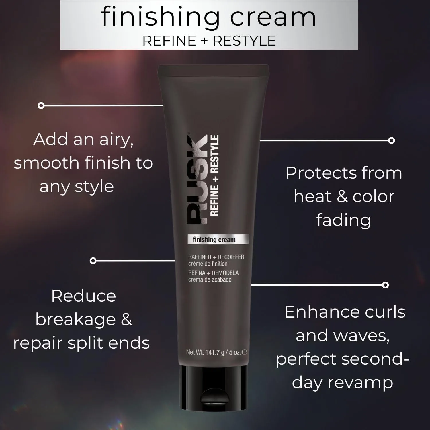 Крем для укладки RUSK Finishing Cream, Refine + Restyle, усиливает естественную текстуру и блеск, предотвращает пушистость волос, 140 мл. — фото 2