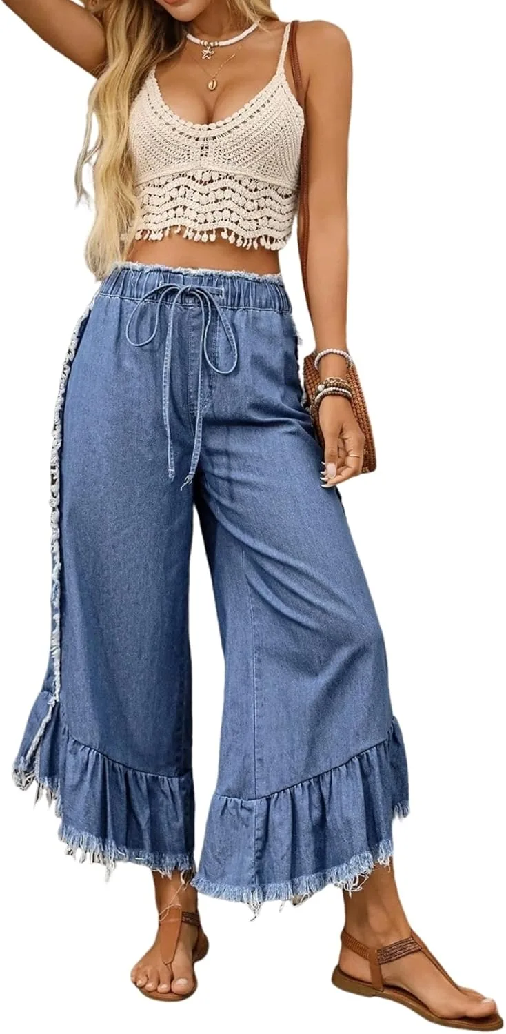 

Женские джинсы с высокой талией и рюшами на подоле Whrounnk