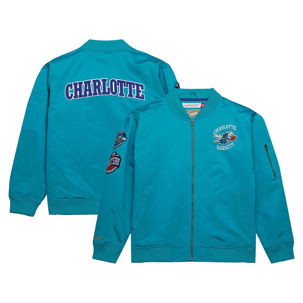 

Мужской темно-бирюзовый бомбер Mitchell & Ness Charlotte Hornets из твердой древесины с молнией во всю длину и логотипом в винтажном стиле, цвет Chr Blue