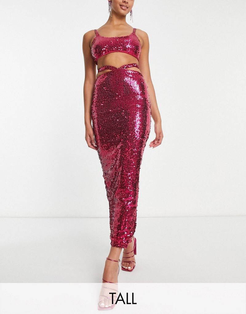 

Розовая юбка макси с вырезом на талии и пайетками Simmi Tall — часть комплекта Simmi Clothing