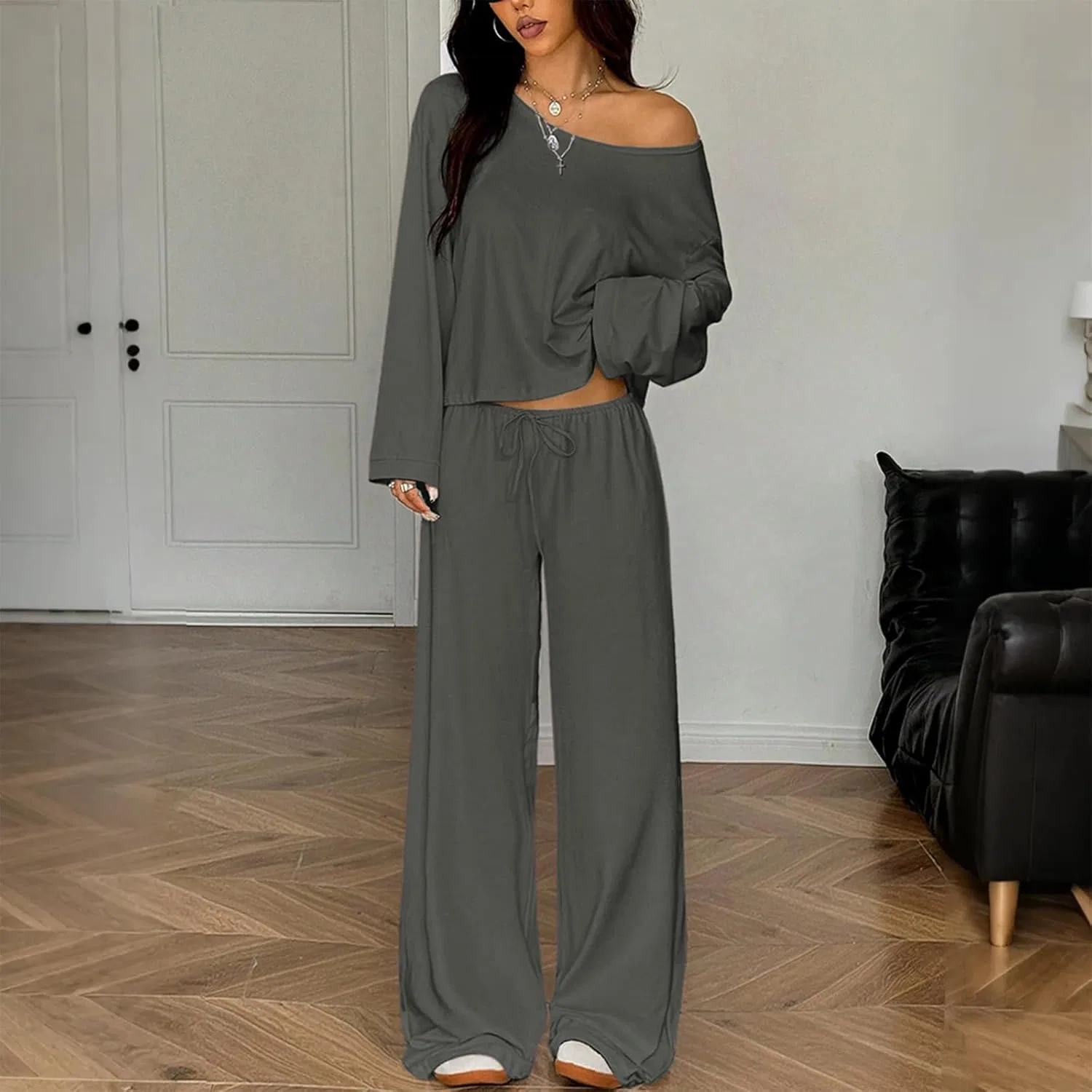 Женский спортивный костюм из толстовки и широких брюк Dark Gray — фото 2