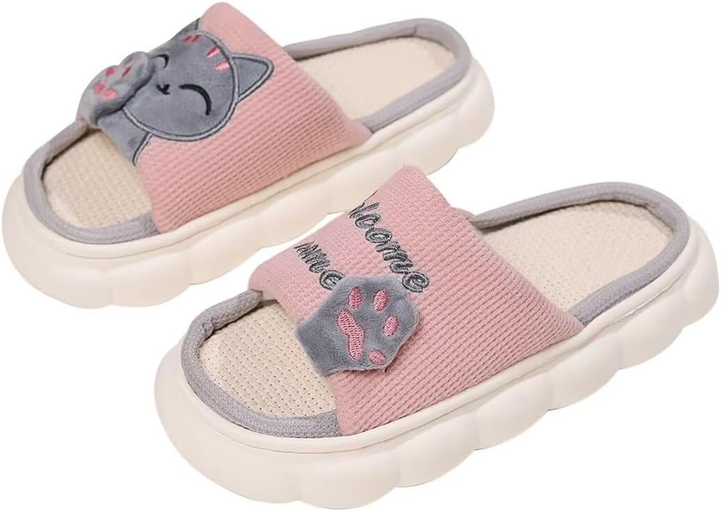 

Домашние тапочки OJXTRDE для женщин, милые тапочки с мультяшным котенком, унисекс, мягкие, удобные, с толстой нескользящей подошвой, из хлопка и льна, для дома, розовый/серый