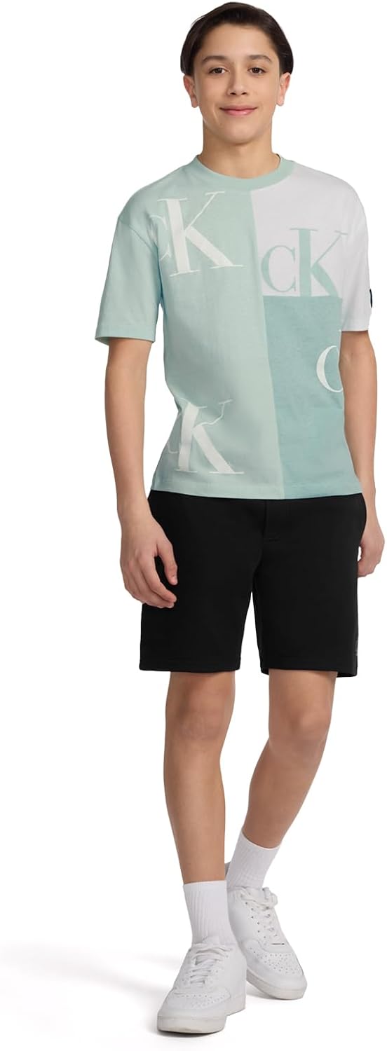 Футболка Calvin Klein Boys с коротким рукавом, модным принтом и круглым вырезом, удобная, свободного кроя, Block Party Lt Sage Heather — фото 4