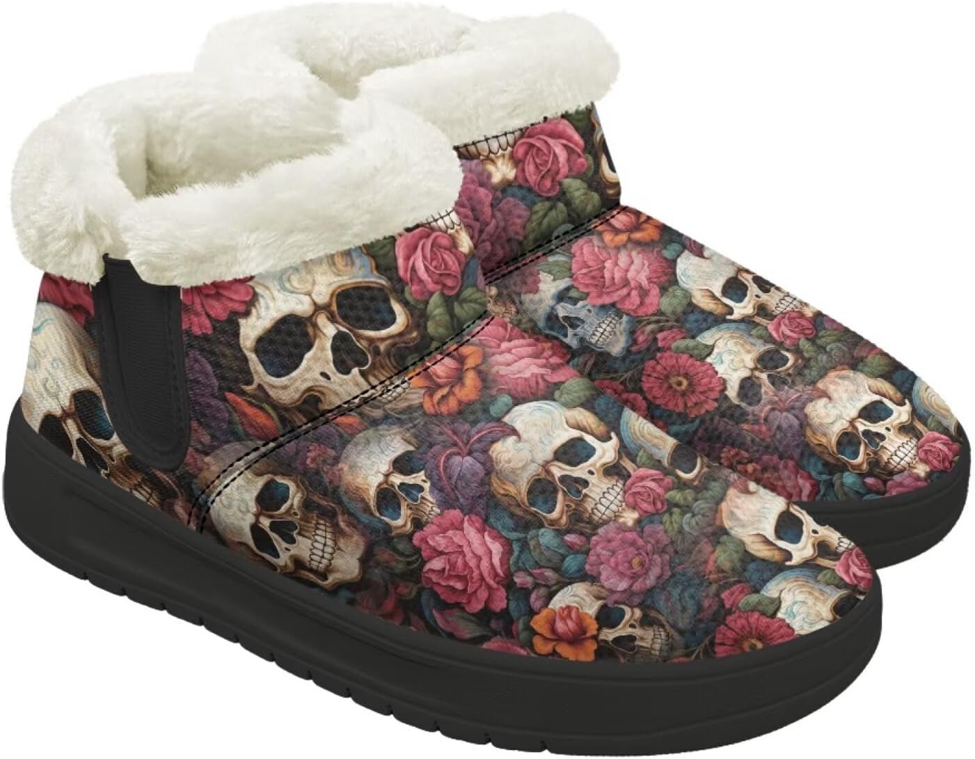 

Зимние ботинки Forchrinse для женщин и мужчин, с меховой подкладкой, уютные теплые ботильоны для прогулок, Skull Flowers