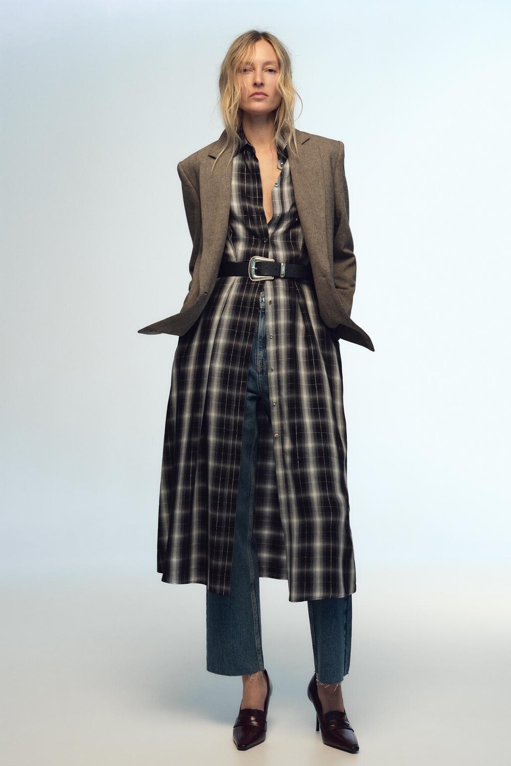 

Платье-рубашка миди в клетку ZARA, черный/экрю