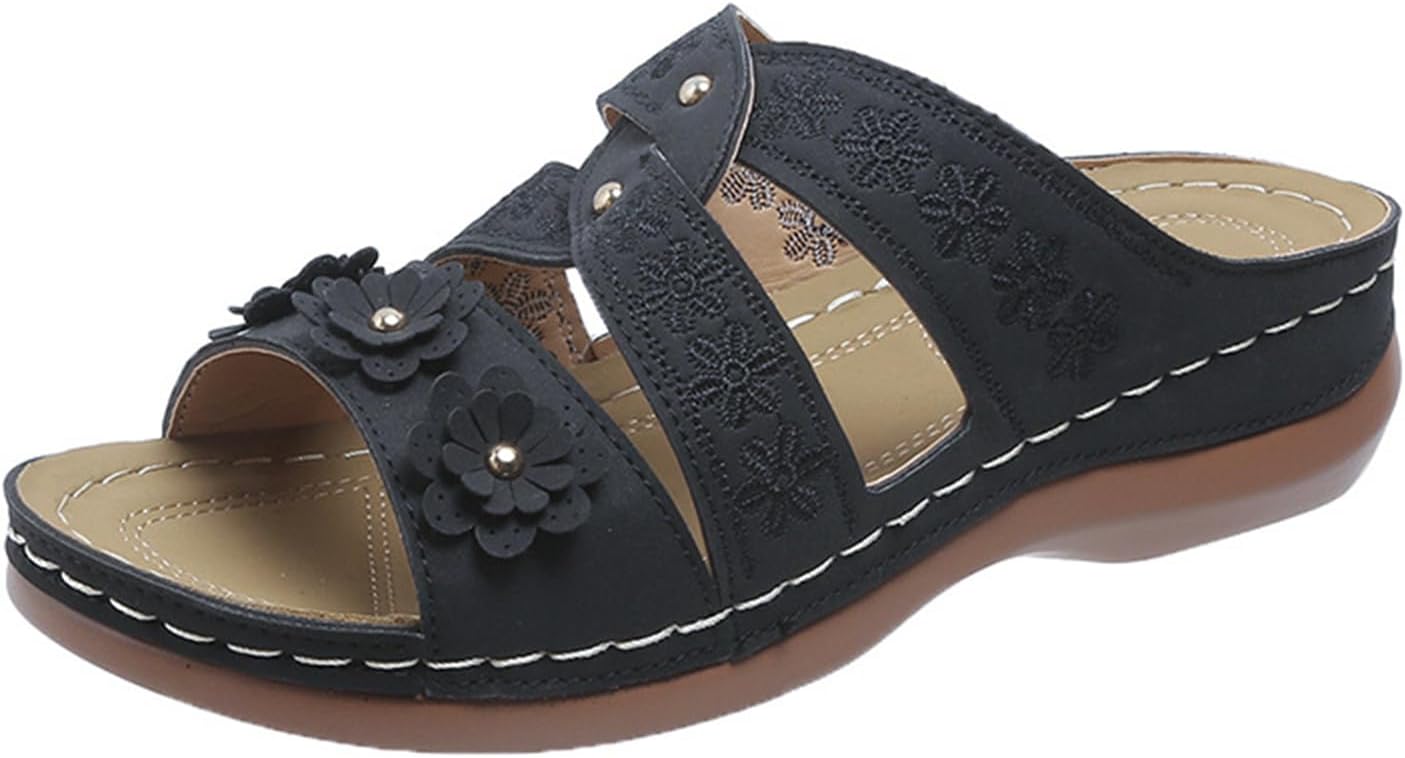 

Женские сандалии на танкетке Комфортные ортопедические сандалии Повседневные слипоны Летние туфли с открытым носком Цветочный ремешок Платформа Стелька Прогулочные сандалии для пляжа Комфорт на весь день Generic, черный