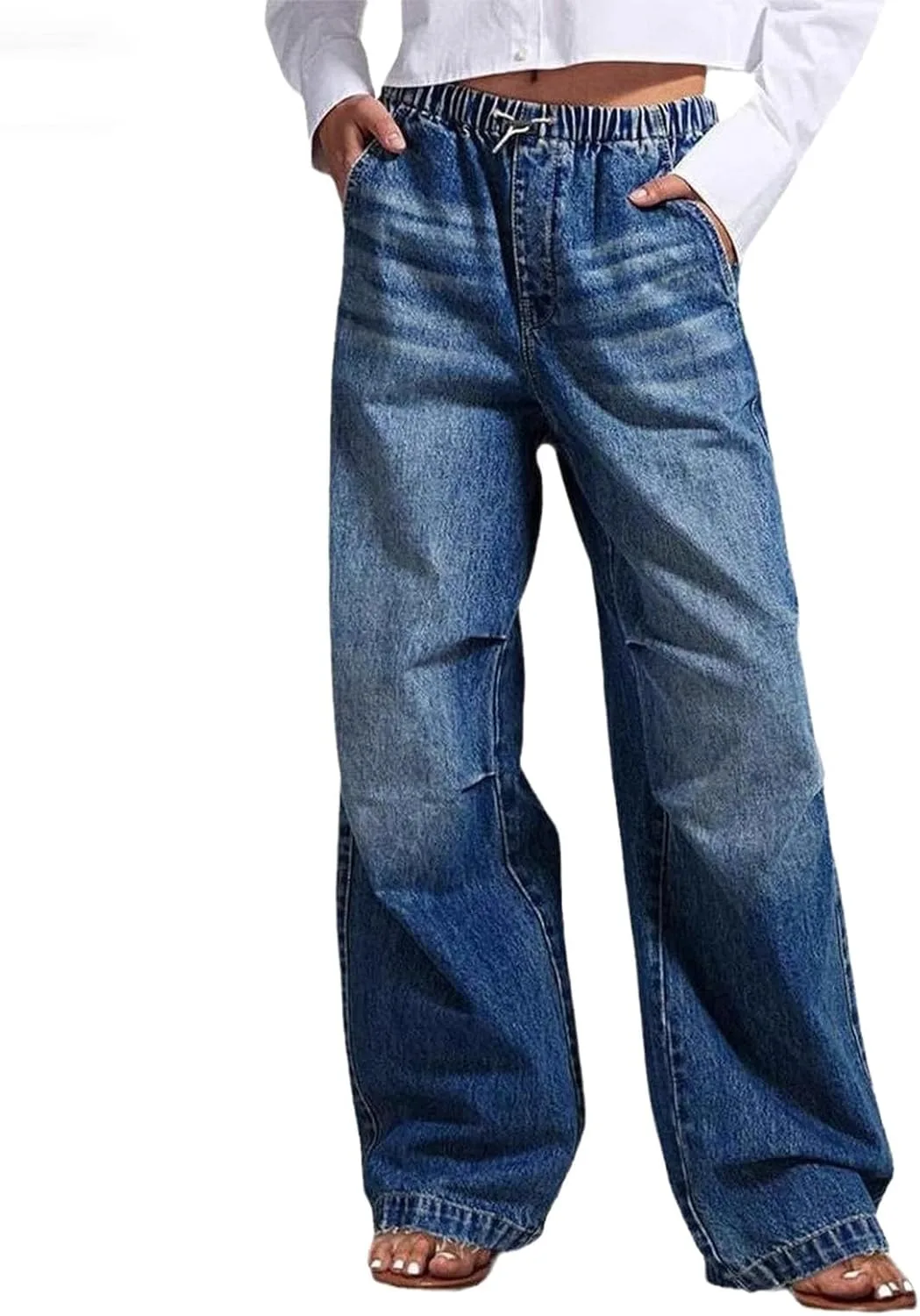 Винтажные синие джинсы женские wide leg с эластичным поясом